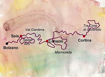 map of Dolomites hiking tour